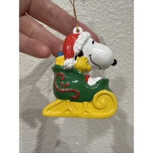 Vintage Santa Snoopy & Woodstock Peanuts Christmas Ornament On Sled w presents